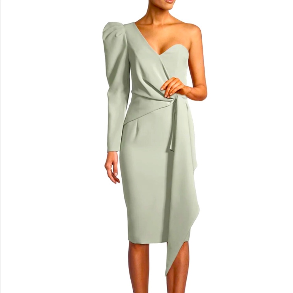 lavish alice puff sleeve asymmetric midi dress in sage green